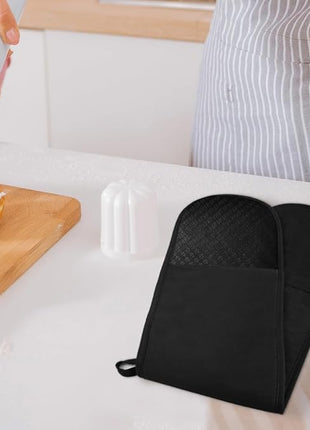 AUAUY Black Double Oven Mitts, 250°C/482°F Heat Resistant BBQ Mittens with Ropes, Silicone Non-Slip Design Kitchen Mittens, Cooking Glove Top Kitchen Gadgets for Cooking Baking Grilling