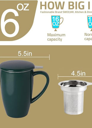 Sweejar Porcelain Tea Infuser Mug with Lid, 16 oz Teacup with Strainers for Loose Leaf Tea, Microwave and Dishwasher Safe Coffee Mug(Fog blue)