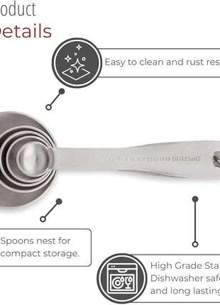 husMait Stainless Steel Measuring Spoons - 5 Piece Heavy Duty Measuring Spoon Set for Dry Food, Spices or Liquids