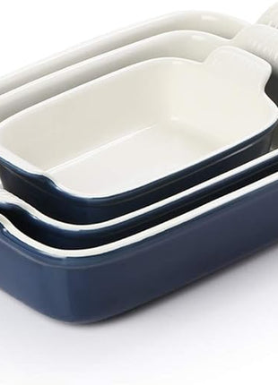 Sweejar Baking Pans Set, Ceramic 9x13 Baking Dish with Handle, Rectangular Casserole Dishes for Oven, Bakeware Sets of 3, Durable Lasagna Pan Deep for Kitchen, Banquet, Wedding Gift(Navy)