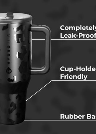 HydroJug Traveler - 40 oz Water Bottle with Handle & Flip Straw - Fits in Cup Holder, Leak Resistant Tumbler-Reusable Insulated Stainless Steel & Rubber Base - Gifts for Women & Men, Black Leopard