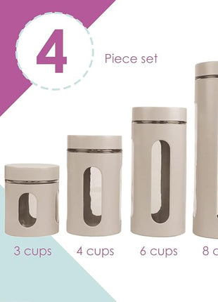 Home Basics Retro Kitchen Canisters For Countertop (4 Piece Set) Grey Glass with Metal Finish; See-Through Windows; Great For Flour, Coffee, Sugar, Dry Ingredients, Snacks