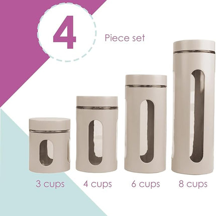 Home Basics Retro Kitchen Canisters For Countertop (4 Piece Set) Grey Glass with Metal Finish; See-Through Windows; Great For Flour, Coffee, Sugar, Dry Ingredients, Snacks