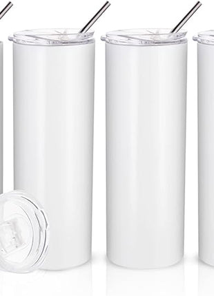 PYD Life Sublimation Blanks Skinny Tumbler White 20 OZ Straight Stainless Steel with Metal Straw for Mug Tumbler Heat Press Machine Sublimation Printing 4 Pack