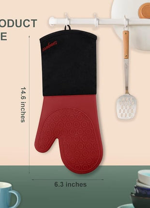 sungwoo Extra Long Silicone Oven Mitts, Heat Resistant Oven Gloves with Quilted Liner Non-Slip Textured Grip Perfect for BBQ, Baking, Cooking and Grilling - 1 Pair 14.6 Inch Red & Black