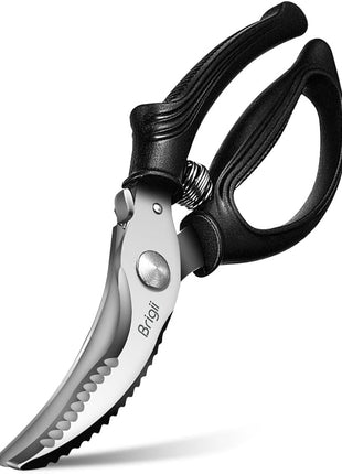Brigii Kitchen Shears, Stainless Steel Heavy Duty Poultry Shears, Multi-Purpose Kitchen Scissors for Cutting Chicken, Fish, Seafood, and Vegetables, Spring Loaded-KS05Black