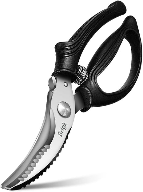 Brigii Kitchen Shears, Stainless Steel Heavy Duty Poultry Shears, Multi-Purpose Kitchen Scissors for Cutting Chicken, Fish, Seafood, and Vegetables, Spring Loaded-KS05Black