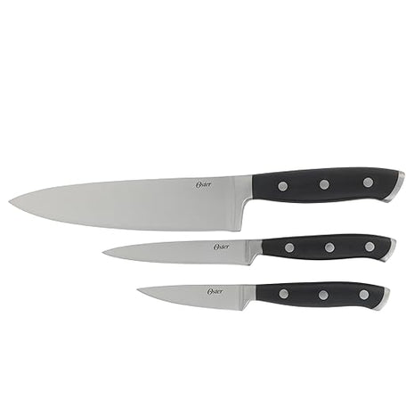 Oster Ginley 3 Piece High Carbon Stainless Steel Cutlery Set w/ABS Triple Riveted Forged Handle (Chef, Utility, Pairing Knife)