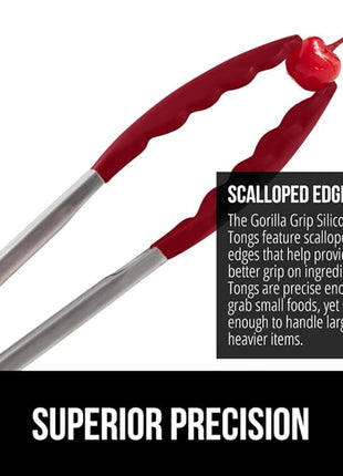 GORILLA GRIP Stainless Steel Heat Resistant Kitchen Tongs for Cooking, 9 + 12 Inch, Set of 2 BBQ Tong, Non Scratch Silicone Tip for Pan, Strong Grip, Grab Food, Toss Salad, Air Fryer, Pull Lock, Red
