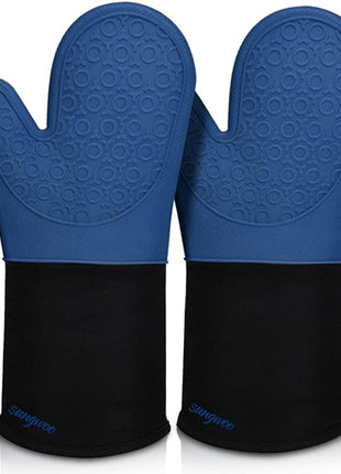 sungwoo Extra Long Silicone Oven Mitts, Heat Resistant Oven Gloves with Quilted Liner Non-Slip Textured Grip Perfect for BBQ, Baking, Cooking and Grilling - 1 Pair 14.6 Inch Royal Blue & Black