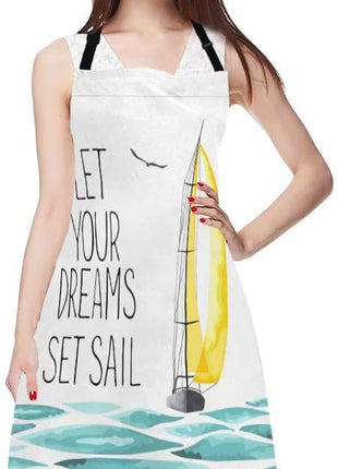 EKOBLA Let Your Dreams Set Sail Aprons Sailboat Seagull Sea Adventure Trip Wave Waterproof Resistant Chef Cooking Kitchen BBQ Adjustable Aprons for Women Men 27x31 Inch