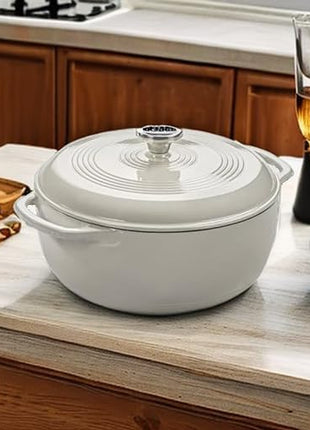Lodge 3 Quart Enameled Cast Iron Dutch Oven with Lid – Dual Handles – Oven Safe up to 500° F or on Stovetop - Use to Marinate, Cook, Bake, Refrigerate and Serve – Oyster White