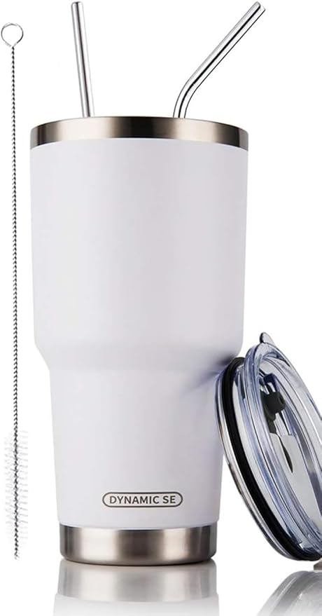 D·S 30oz White Tumbler Stainless Steel Double Wall Vacuum Insulated Mug with Straw and Lid, Cleaning Brush for Cold and Hot Beverages (30oz White)