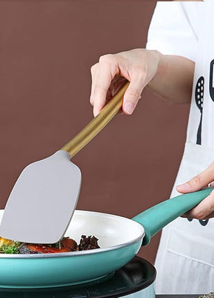 Berglander Non-stick Silicone Solid Turner, Titanium Gold Plating handle, Barbecue Spatula for Cooking, Dishwasher Safe, Easy to Clean