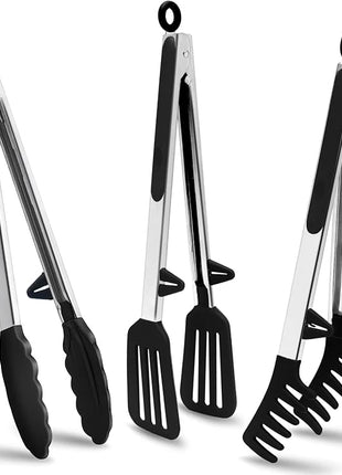 Tongs for Cooking, 12" Kitchen Tongs with Silicone Tips, Food Grade Serving Tongs Set of 3, Black