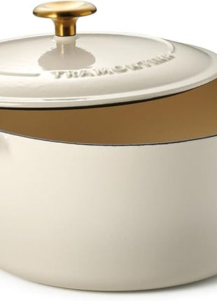 Tramontina Bestow Enameled Cast Iron Dutch Oven Pot with Lid, Round 5.5-quart, Latte with Gold Knob