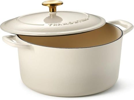 Tramontina Bestow Enameled Cast Iron Dutch Oven Pot with Lid, Round 5.5-quart, Latte with Gold Knob