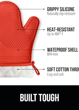 GORILLA GRIP BPA-Free Soft Silicone Oven Mitts, 14.5x8.3, Heat Resistant and Waterproof Cooking Gloves, Thick Cotton Lining, Flexible Gripping for Baking Grilling, Kitchen Potholders Set of 2, Coral