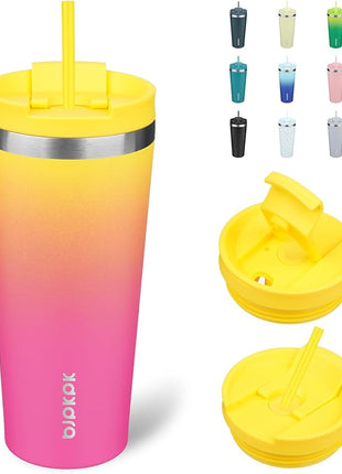 BJPKPK 22oz Stainless Steel Insulated Tumbler With lid And Straw Travel Coffee Thermal Tumblers Cup For Women And Men,Pink Yellow Rose