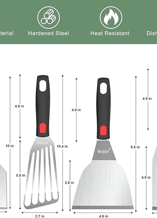 Beijiyi Stainless Steel Spatula Set, 4 Pack Small Metal Turner Spatulas for Kitchen Use, Cooking Utensils with Silicone Handle, Flipper Spatula for Fish, Egg, Smash Burger and Cookie Serving