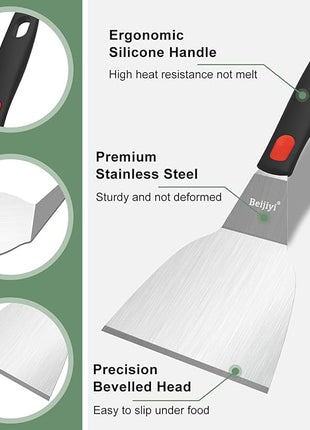 Beijiyi Stainless Steel Spatula Set, 4 Pack Small Metal Turner Spatulas for Kitchen Use, Cooking Utensils with Silicone Handle, Flipper Spatula for Fish, Egg, Smash Burger and Cookie Serving