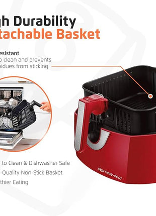 MONDIAL Air Fryer - 8.6 Quart Extra-Large Air Fryer, 2 Simple Dial Controls, 1800 Watts - Quick Heat Circulation Technology, Low Fat Cooking Less Calories - Removable Squared Basket - Red