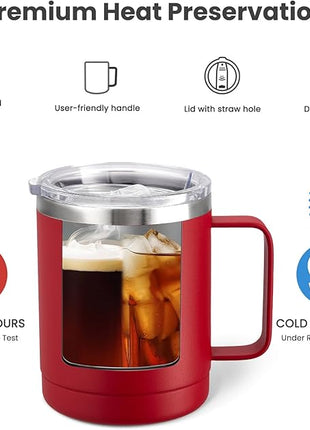 MEWAY 12oz Coffee Mug With Handle 4 Pack Bulk,Stainless Steel Insulated Travel Tumblers With Sliding Lid,Double Wall Vacuum Camping Cup for Hot & Cold Drinks Tea (Red,Set of 4)