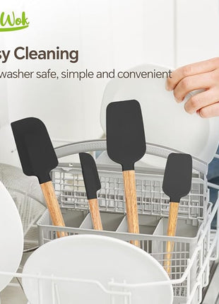 Black Silicone Spatula Set, Food Grade Rubber Spatula-4 Piece Nonstick Rubber Spatulas, Spoonula, Jar Scraper for Cooking, Baking, Mixing, Frosting