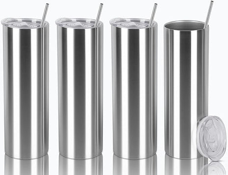 20 Oz Straight Skinny Tumbler Set, Stainless Steel Slim Skinny Travel Tumbler Bulk, Birthday Diy Gift For Women Friends Sisters, 4 Pack, Silver