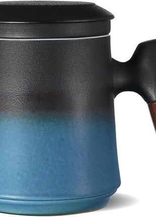 ZENS Gradient Blue Tea Cup with Infuser and Lid, 14.5oz Wood Handle Tea Mug, Loose Leaf Tea Steeper & Strainer, Tea Lovers Gifts