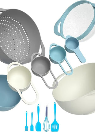 13 Pcs Mixing Bowls Set, RV Camping Accessories Set, Apartment Kitchen Gadget Easy Storage, Inculding Measuring Cups Colander Sifter Large Bowl Whisk Scraper, Great for Cooking and Baking, No BPA