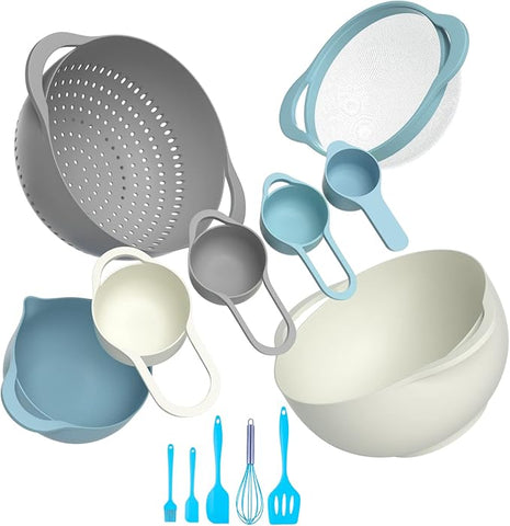 13 Pcs Mixing Bowls Set, RV Camping Accessories Set, Apartment Kitchen Gadget Easy Storage, Inculding Measuring Cups Colander Sifter Large Bowl Whisk Scraper, Great for Cooking and Baking, No BPA