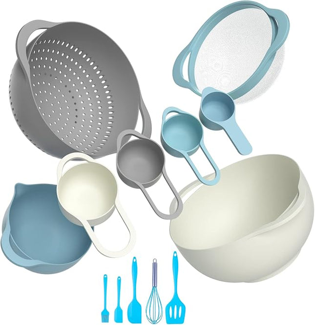 13 Pcs Mixing Bowls Set, RV Camping Accessories Set, Apartment Kitchen Gadget Easy Storage, Inculding Measuring Cups Colander Sifter Large Bowl Whisk Scraper, Great for Cooking and Baking, No BPA
