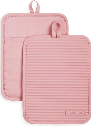 KitchenAid Ribbed Soft Silicone Pot Holder 2-Pack Set, Dried Rose, 7"x9"