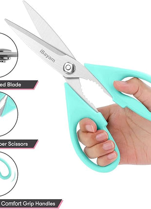 iBayam Kitchen Scissors - All Purpose Heavy Duty Meat Scissors, Poultry Shears, Dishwasher Safe, Stainless Steel, 2-Pack, Pastel Pink, Mint Blue
