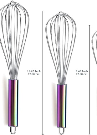 Berglander Rainbow Handle Whisk Pack of 3 Stainless Steel 8",10",12", Titianium Plating Colorful Handle Whisks for Cooking, Beater,Wire Whisk Set Kitchen Wisk (Rainbow Handle)