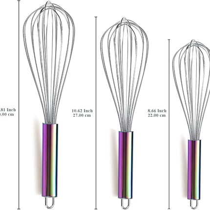 Berglander Rainbow Handle Whisk Pack of 3 Stainless Steel 8",10",12", Titianium Plating Colorful Handle Whisks for Cooking, Beater,Wire Whisk Set Kitchen Wisk (Rainbow Handle)