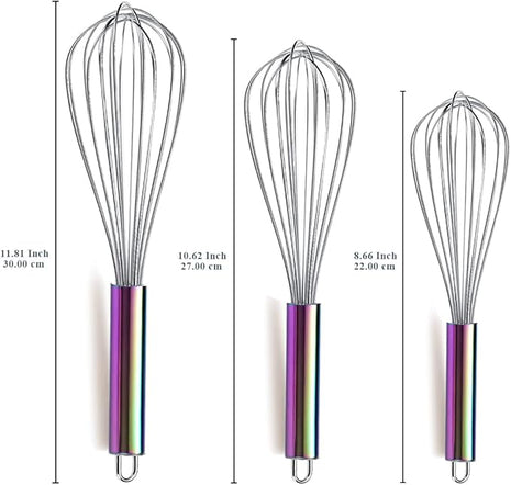 Berglander Rainbow Handle Whisk Pack of 3 Stainless Steel 8",10",12", Titianium Plating Colorful Handle Whisks for Cooking, Beater,Wire Whisk Set Kitchen Wisk (Rainbow Handle)