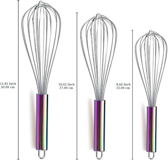 Berglander Rainbow Handle Whisk Pack of 3 Stainless Steel 8",10",12", Titianium Plating Colorful Handle Whisks for Cooking, Beater,Wire Whisk Set Kitchen Wisk (Rainbow Handle)