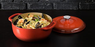 Lodge 7.5 Quart Enameled Cast Iron Dutch Oven with Lid – Dual Handles – Oven Safe up to 500° F or on Stovetop - Use to Marinate, Cook, Bake, Refrigerate and Serve – Poppy