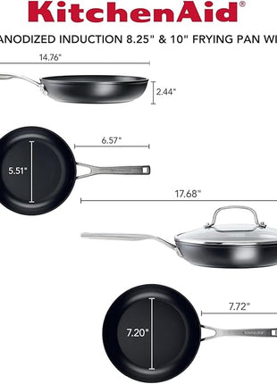 KitchenAid Hard Anodized Induction Nonstick Frying Pan Set With Lid, 3-Piece – 8 & 10 Inch Skillets, Durable, Even Heating, Dishwasher & Oven Safe, Easy-Clean, Matte Black
