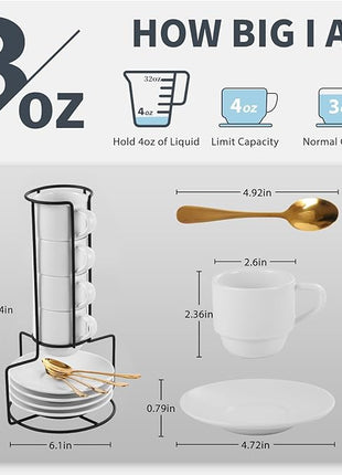 Lareina 3-Ounce Espresso Cups with Saucers, Spoons and Metal Stand, Small Stackable Coffee Cups Set of 4, Ceramic Demitasse Mugs, White