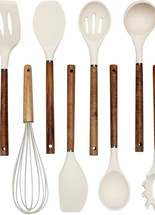 Country Kitchen Non Stick Silicone Utensil Set with Rounded Wood Handles for Cooking and Baking, 8 Piece Set, Khaki
