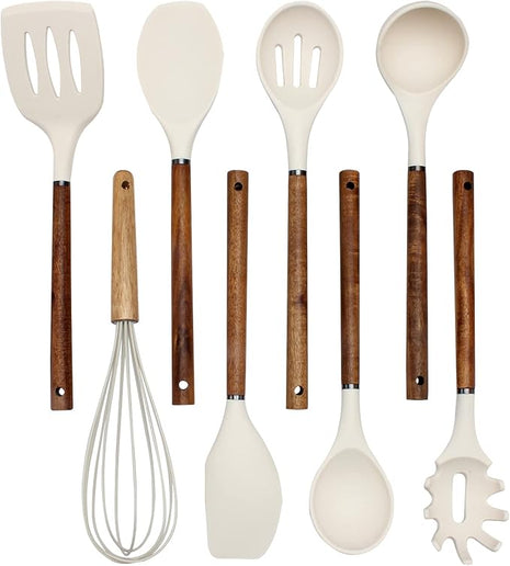 Country Kitchen Non Stick Silicone Utensil Set with Rounded Wood Handles for Cooking and Baking, 8 Piece Set, Khaki