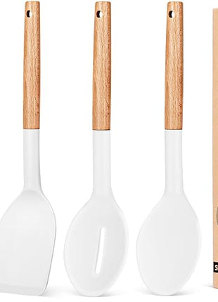Pack of 4 Silicone Cooking Utensils Set, Non Stick Solid Spatulas and Heat Resistant Slotted Spoons with Wooden Handle, Ideal Wood Kitchen Utensils Set for Frying,Serving,Turning,Stirring (WHITE)