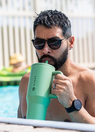 HydroJug Traveler - 32 oz Water Bottle with Handle & Flip Straw - Fits in Cup Holder, Leak Resistant Tumbler-Reusable Insulated Stainless Steel & Rubber Base - Gifts for Women & Men, Sage