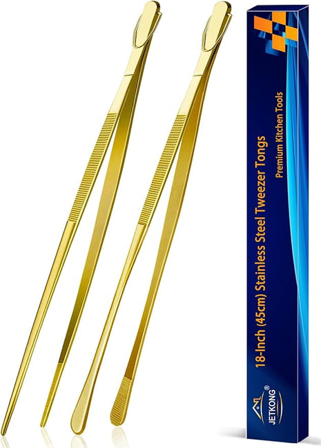 JETKONG 2 Pcs 18 Inch (45cm) Stainless Steel Grill Tongs Heavy Duty Giant Tweezer Tongs, Extra Large Tweezers Tools for Cooking, Grilling, BBQ and Turning Food (Gold)