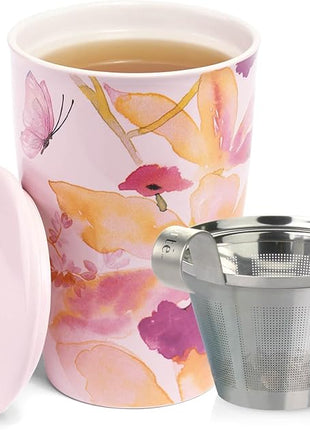 Tea Forte Double-Walled Ceramic Kati Cup, Removable Stainless Steel Infuser Basket and Lid, Steeps 12 oz Loose Leaf Tea, Dishwasher & Microwave Safe, Mariposa