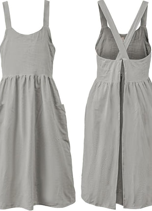 Uaussi Cotton Linen Apron Cross Back Work Apron for Women with Pockets Pinafore Dress X Cross Halter Apron for Chef Gardening