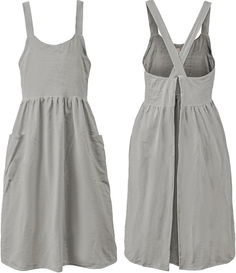 Uaussi Cotton Linen Apron Cross Back Work Apron for Women with Pockets Pinafore Dress X Cross Halter Apron for Chef Gardening